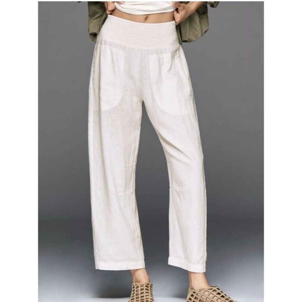 Pilcro Anthropologie Reese Pants Womens XS Cream Smocked Pull On Barrel Leg Boho